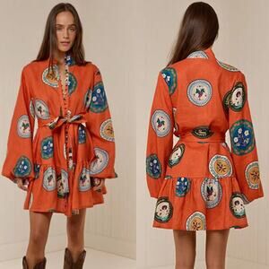 NEW Palm Noosa Austin Linen Long Balloon Sleeve Mini Dress in Orange